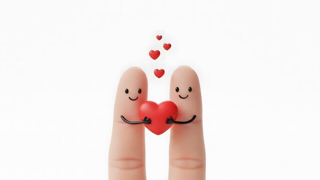 Two finger puppets holding a red heart, representing love and togetherness.