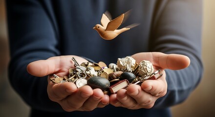 A golden bird gracefully takes flight from open hands filled with varied objects, symbolizing liberation, new beginnings, and freedom from material burdens