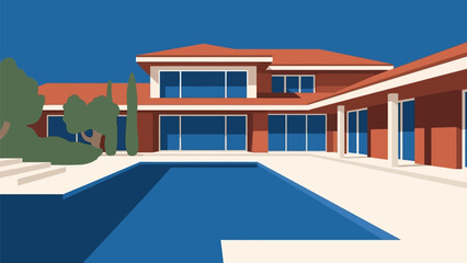 Elegant modern residence with a swimming pool on a clear blue sky day, showcasing a luxurious architectural design and outdoor living space