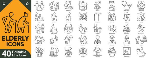 Fototapeta na wymiar Elderly care icons set. Senior people, healthcare, grandparents, family, retirement, old, wheelchair, support editable stroke vector symbols.