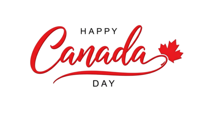 Elegant red script typography for happy canada day greeting with national maple leaf symbol isolated on transparent background