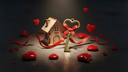 Heart-shaped key with a red ribbon tied to a miniature house, surrounded by hearts