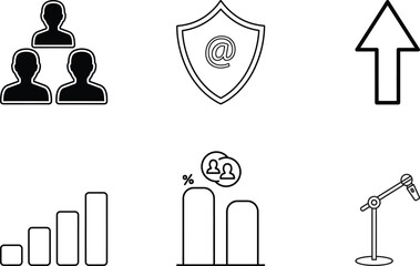 Collection of business and security icons including people shield arrow graph and microphone