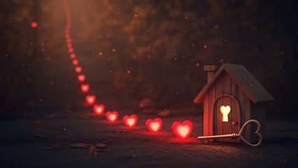 Glowing heart trail leads to a wooden house with a key in the lock