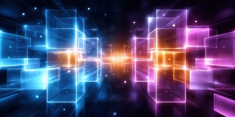 The metaverse business model concept. A vibrant digital artwork featuring glowing geometric shapes in blue, pink, and orange, creating a dynamic visual effect against a dark background.