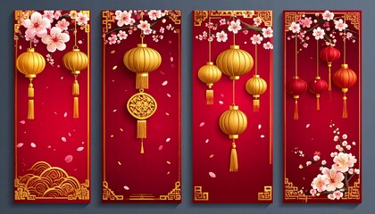 Vibrant Chinese New Year decorations with red lanterns and cherry blossoms