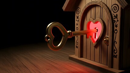 Heart-shaped key inserted into a wooden house door with a glowing red heart inside