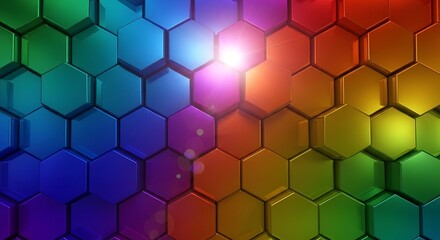 3D Colorful Rainbow Hexagon Wall with Glowing Light Flare