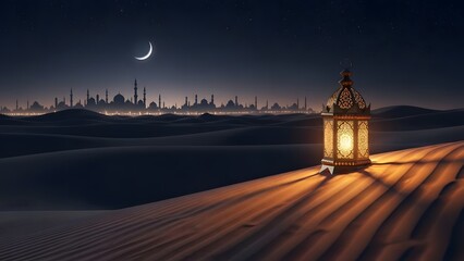 A serene desert landscape at night with a glowing lantern in the foreground and a city skyline in the distance under a crescent moon.