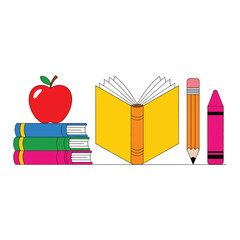 A vibrant illustration showcases school supplies including an apple books a pencil and a crayon on a neutral background.