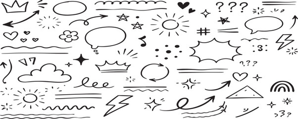 A collection of various hand drawn doodles and symbols on a white background © Roman