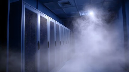 A server room filled with atmospheric mist highlighting rows of equipment and cooling systems in a dimly lit modern data center