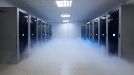 Modern data center aisle filled with cool mist between rows of server racks