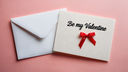 Card with a love message and red bow placed beside a white envelope on a pink background