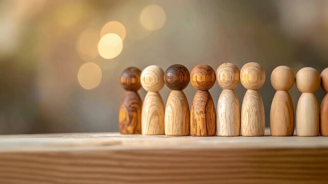 木製人形が一列に並び人の多様な立場を静かに表現する