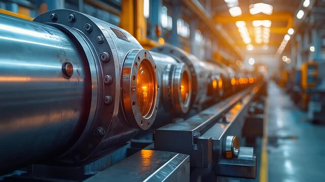 発光する工業用パイプが連なる生産ラインの内部構造を近接で捉えた迫力ある現場描写