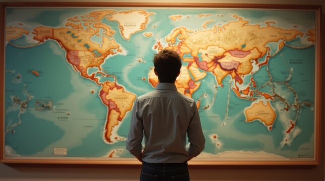 Rear view of teacher standing before large vintage map
