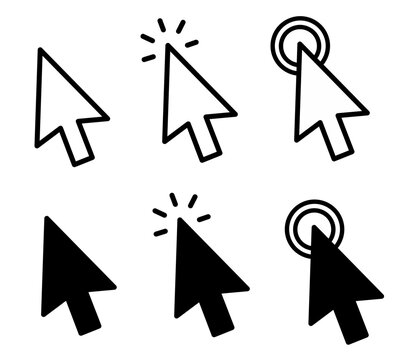 Set of computer mouse cursor icons featuring pointer, clicking action, and selection states