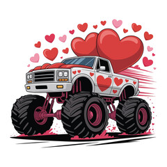 A charming illustration depicts a pink monster truck surrounded by hearts radiating a playful valentine s day vibe.