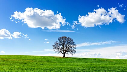 Obraz premium Lone Tree on Green Hill Under Blue Sky with Clouds.