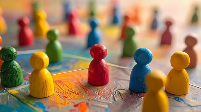 色分けされた人形が地図上に並び社会的配置と関係性を示す