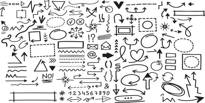 Collection of various black and white line art shapes and symbols for design