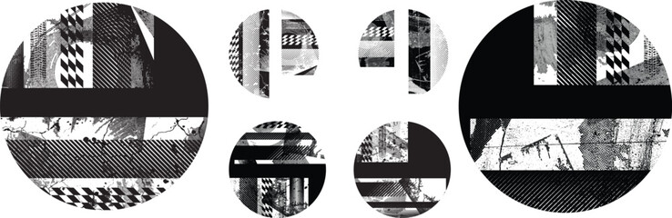 Textured circles vector set. Glitched social media templates . Trendy defect error shapes . Glitched frame .Grunge textured. Distressed effect. Shapes with a halftone dots screen print texture. 