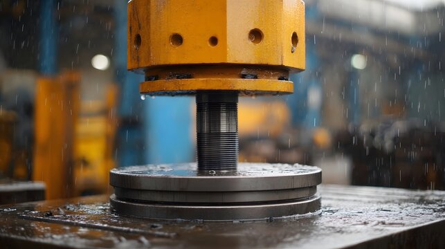 A close up of a heavy industrial hydraulic press piston in a wet ope nal setting