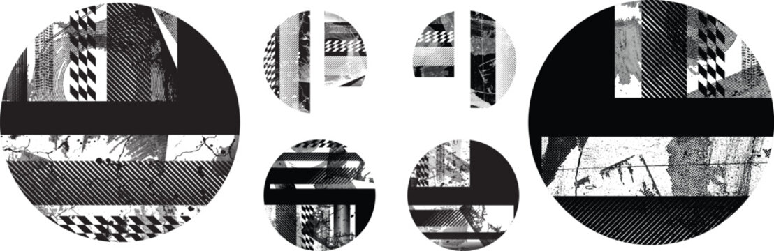 Textured circles vector set. Glitched social media templates . Trendy defect error shapes . Glitched frame .Grunge textured. Distressed effect. Shapes with a halftone dots screen print texture. 