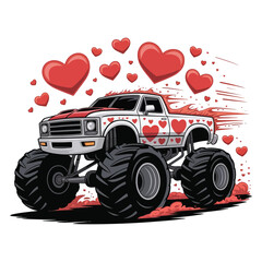 A charming illustration depicts a pink monster truck surrounded by hearts radiating a playful valentine s day vibe.