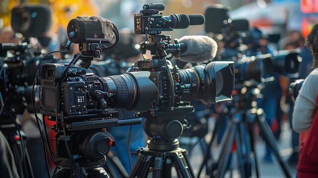 報道現場に並ぶ多数のカメラが情報発信の緊張感を物語る光景