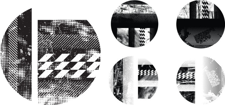 Textured circles vector set. Glitched social media templates . Trendy defect error shapes . Glitched frame .Grunge textured. Distressed effect. Shapes with a halftone dots screen print texture. 