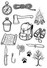 Hand drawn sketch collection of camping and hiking equipment featuring compass backpack axe and binoculars isolated on white for outdoor adventure projects