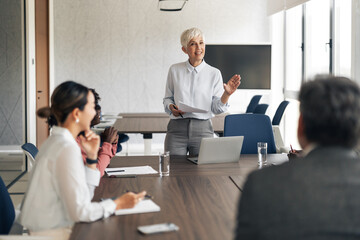 Senior businesswoman giving presentation during office meeting