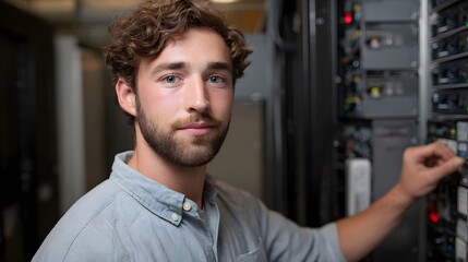 A young IT technician with a beard works diligently in a modern server room interacting with equipment