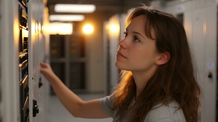 A woman in a server room examines equipment racks with warm ambient lighting