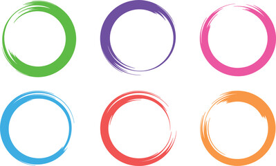 Set of colorful paint brush stroke circles, vibrant ink grunge ring frames for creative graphic design