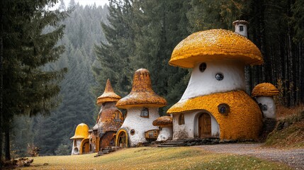 Whimsical mushroom-shaped buildings nestle in a forest clearing, exuding fairytale charm