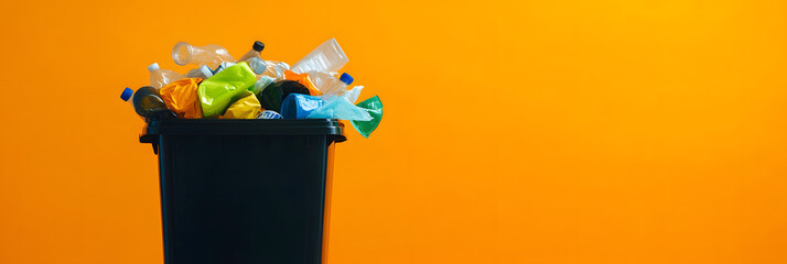 Filled to capacity household kitchen bin - need for waste reduction and better domestic waste management wide banner - orange background