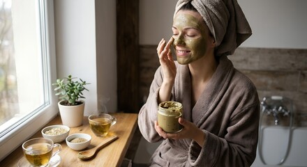 Young woman applying natural clay face mask in a cozy home bathroom with herbal tea for self-care concept and wellness routine