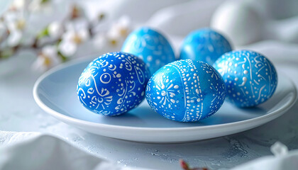 Blue decorated Easter eggs on white plate, intricate patterns, vibrant colors, cheerful and festive, spring