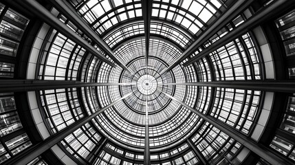 Naklejka premium Ornate glass and steel ceiling of a grand historic dome interior with natural light streaming through