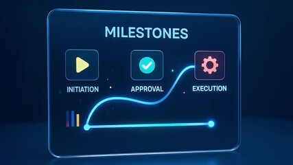 Milestones concept featuring initiation, approval, execution stages futuristic digital interface with glowing icons, curved progress line, technology driven project milestone business process