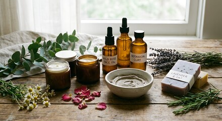 Natural organic skincare products with botanical ingredients and essential oils displayed on rustic wood for holistic beauty concept and self-care