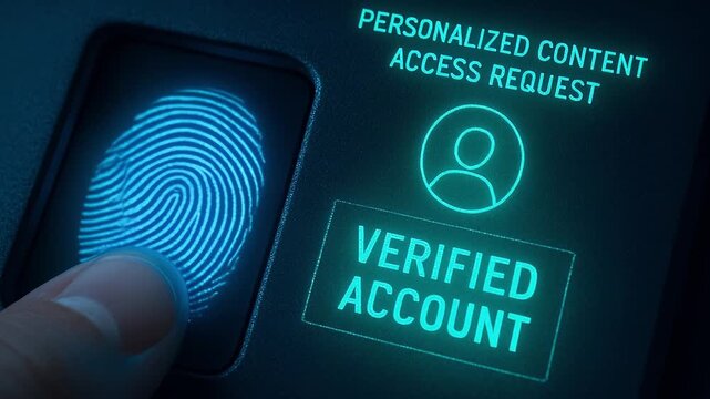 Fingerprint scanner biometric authentication verified account personalized content access request digital security identity verification user interface technology cyber security authentication 