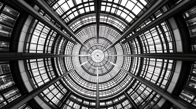 Ornate glass and steel ceiling of a grand historic dome interior with natural light streaming through
