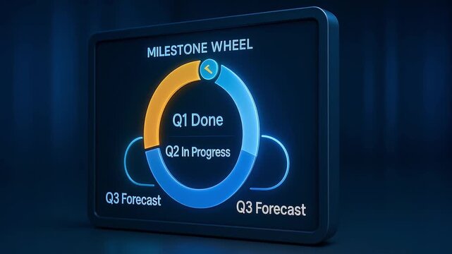 Milestone wheel chart displaying progress with Q1 done, Q2 in progress, and Q3 forecast on glowing digital screen featuring blue and orange colors for effective project tracking and planning