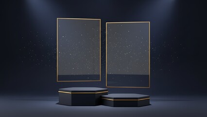 A 3d rendering of two tall and two short dark gray metallic objects with gold trim on a dark background with spotlights