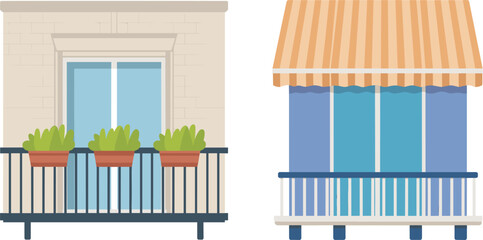 Obraz premium Modern apartment balcony vector illustrations, building window terrace with flower pots, and sunshade awning for architecture