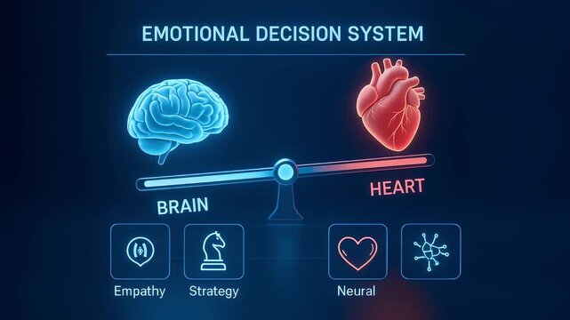 Emotional decision system concept illustrating brain heart balance with empathy strategy neural icons representing cognitive emotional influences and futuristic digital connections in decision making